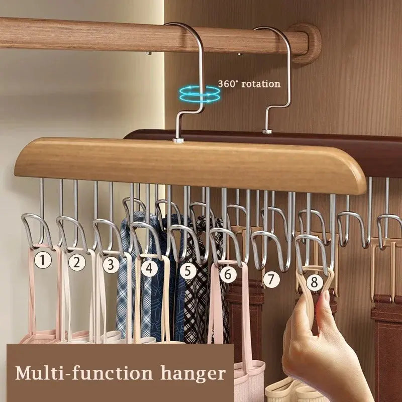 Multifunctional Wooden Hanger with 8 Hooks | Scarf, Tie & Underwear Storage Organizer