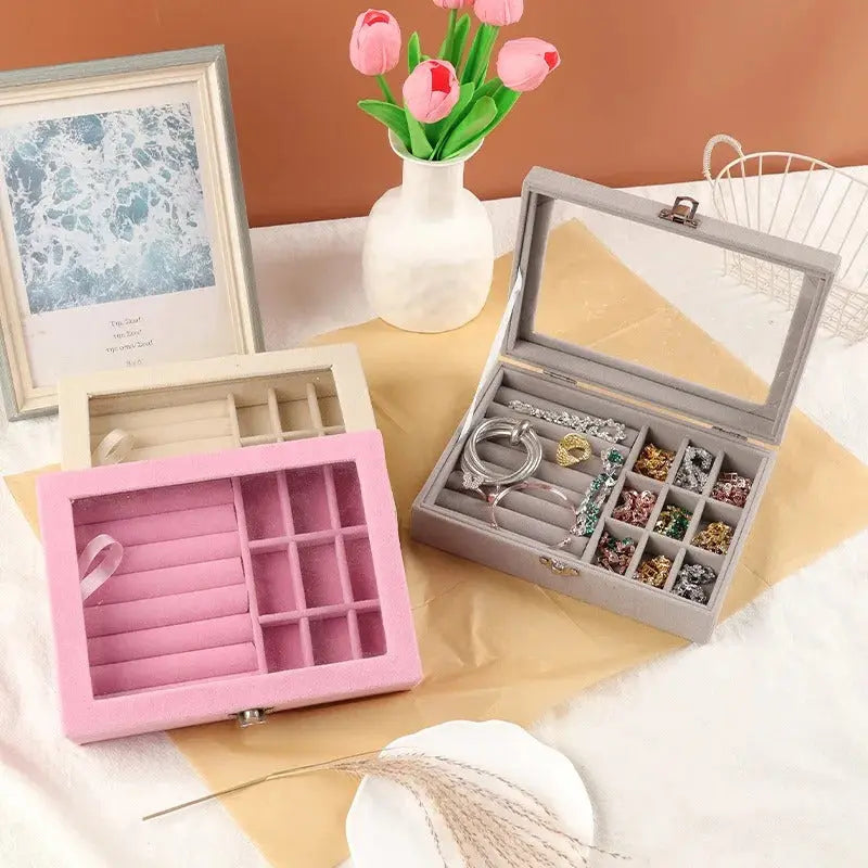 Velvet Glass Ring & Earring Jewelry Display Organizer Box