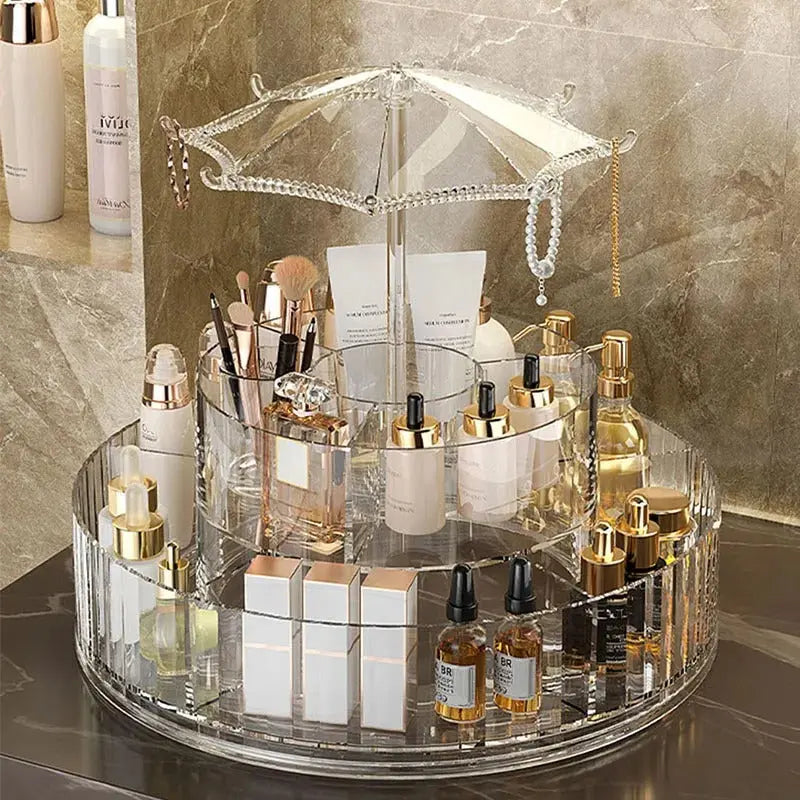 360° Rotating Transparent Umbrella Makeup Organizer – Cosmetic Storage Box for Vanity, Brushes & Skincare