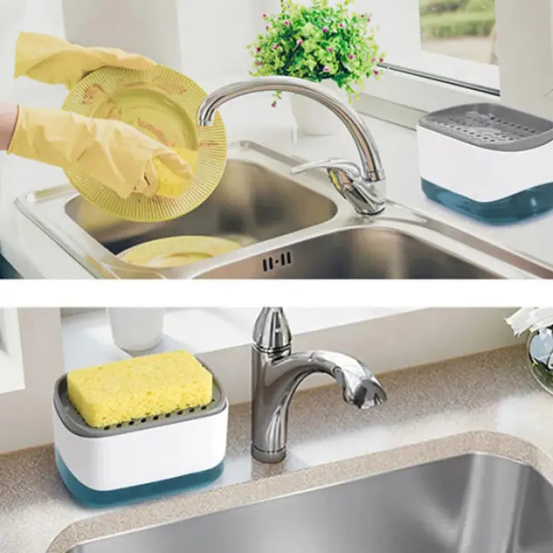 2 in 1 Liquid Soap Dispenser Automatic Soap Pump with Sponge Holder – Kitchen Sink Organizer Tool