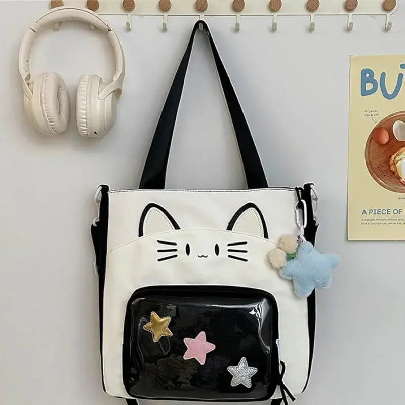 Zipper Bag Kawaii Cat Ita Bag – Nylon Idol Merchandise Storage Bag (Transparent Pocket, Small)