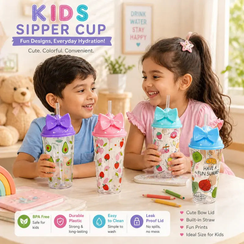 Kids Sipper Cups with Straw – Cute Bow Lid & Fruit Print Water Bottle for School & Daily Use | BPA-Free Kids Drink Bottle