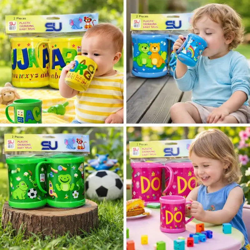 Cute Kids Plastic Mug Set Pack of 2 – Colorful Cartoon Design Drinking Cups for School & Home Use