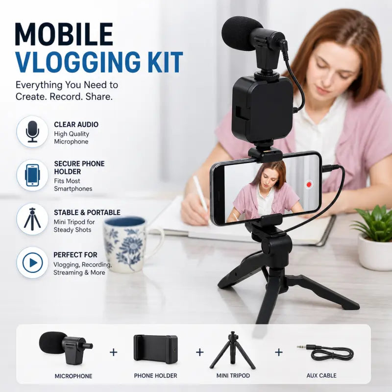 Vlogging Kit – Complete Mobile Video Recording Kit with Tripod, Mic & LED Light for YouTube
