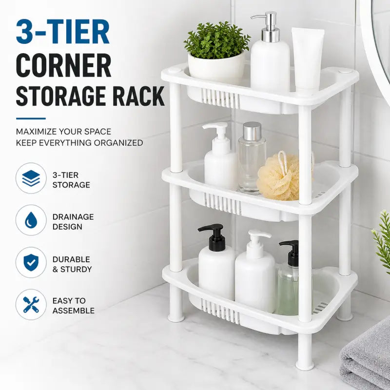 3 Layer Corner Rack Plastic – Space Saving Bathroom & Kitchen Storage Organizer Shelf