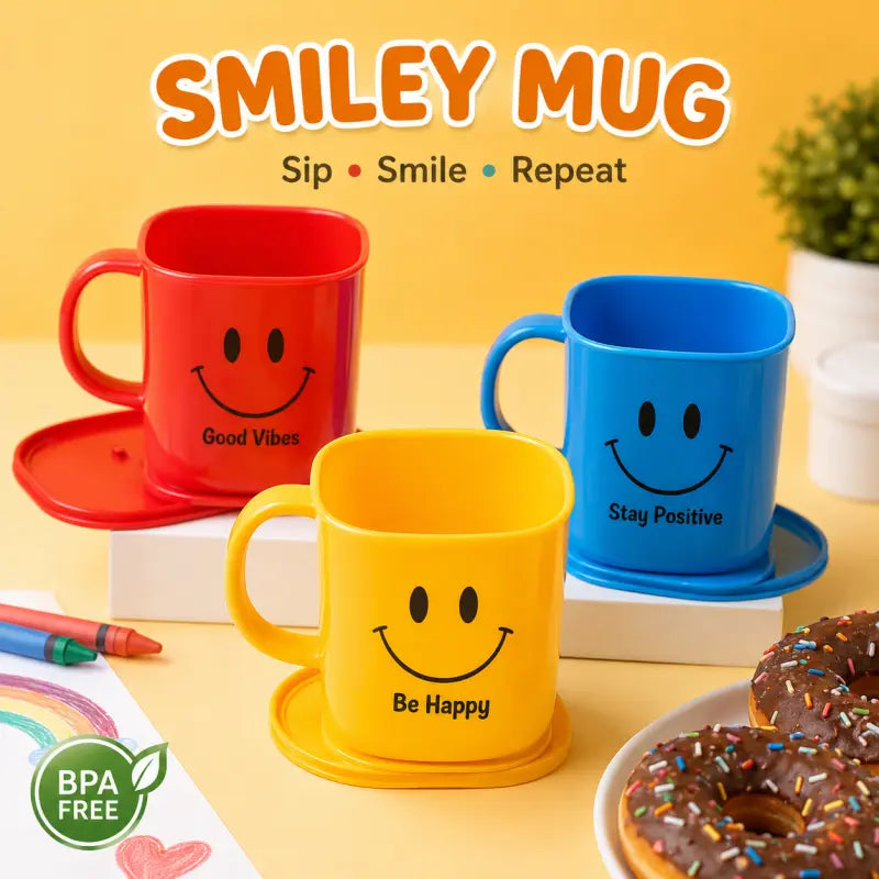 Smiley Mug with Lid – Cute Cartoon Design Plastic Drinking Cup for Kids & Adults | Leak-Proof Travel Mug