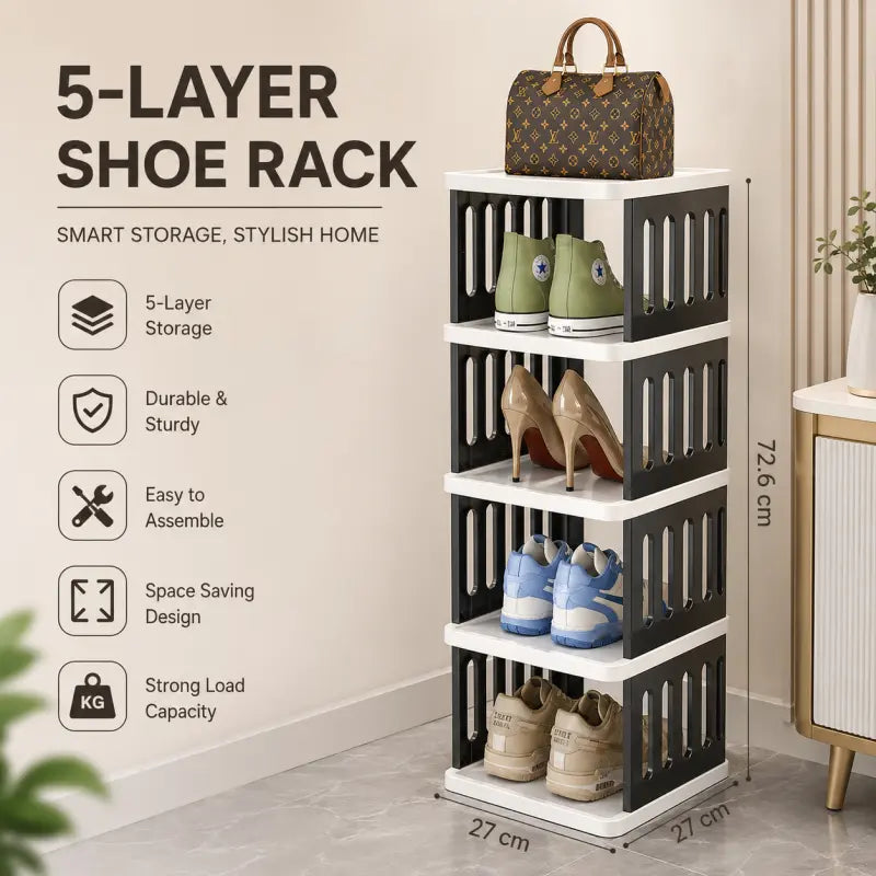 5 Layer Classic Shoe Rack Plastic – Space Saving Shoe Storage Organizer Shelf for Home & Entryway