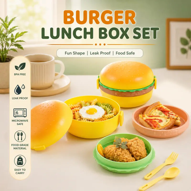 3 Layer Burger Shape Lunch Box | Portable Multi-Layer Leak Proof Food Container for Kids & Adults