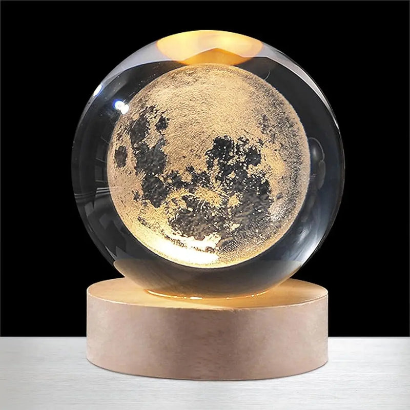 3D Moon Galaxy Crystal Ball Night Light with Wooden Base – LED Decorative Lamp