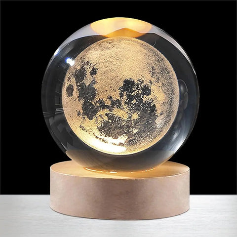 3D Moon Galaxy Crystal Ball Night Light with Wooden Base – LED Decorative Lamp